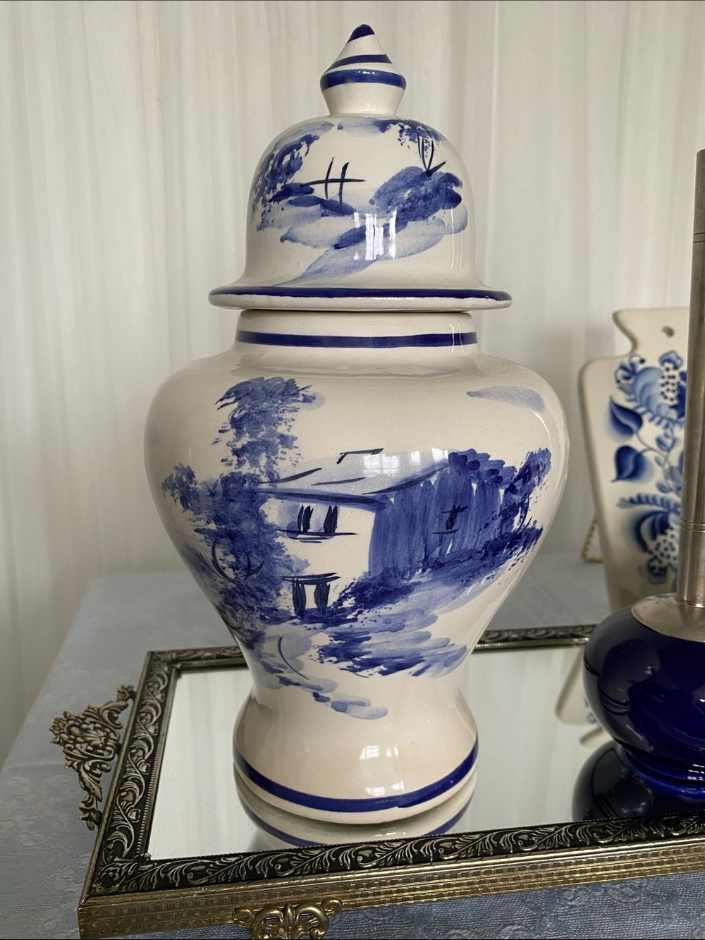 Blue/Off White Ceramic Decorative Ginger Jar - Unbranded Mint Condition